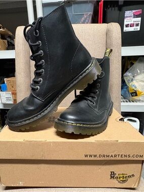 Dr. Martens Black Leather Lace-Up Platform Boots with Yellow Stitching